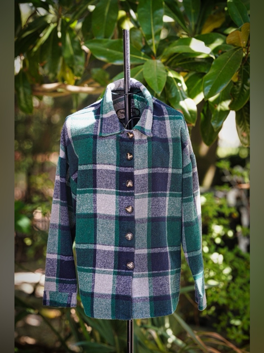 Green & Navy Plaid Flannel Shacket - Oversized Button Down - Picture 2 of 7